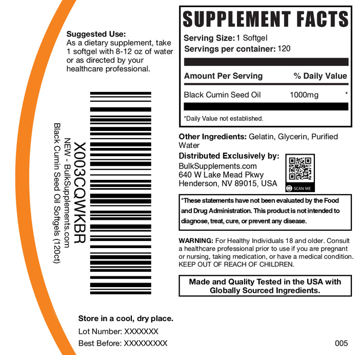 Black cumin seed oil 120 softgels label