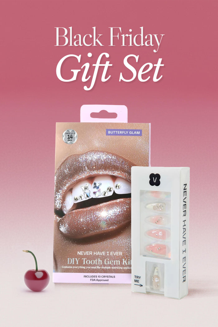 Black Friday Gift Set with butterfly glam press-on nails and DIY tooth gem kit.