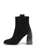 A pair of stylish black suede ankle boots with a square heel, perfect for women's fashion.