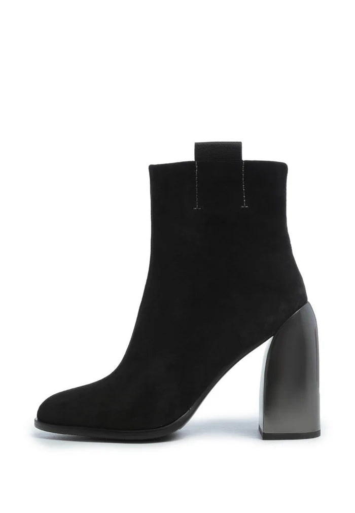 A pair of stylish black suede ankle boots with a square heel, perfect for women's fashion.