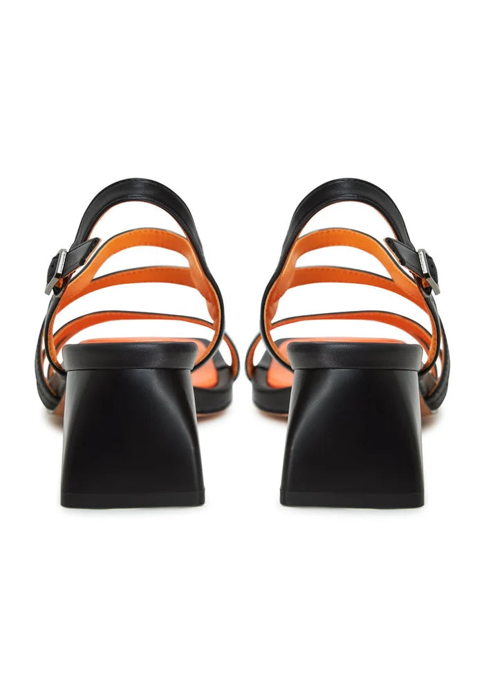 A trendy pair of black block heels sandals by Maria, perfect for women's fashion footwear.