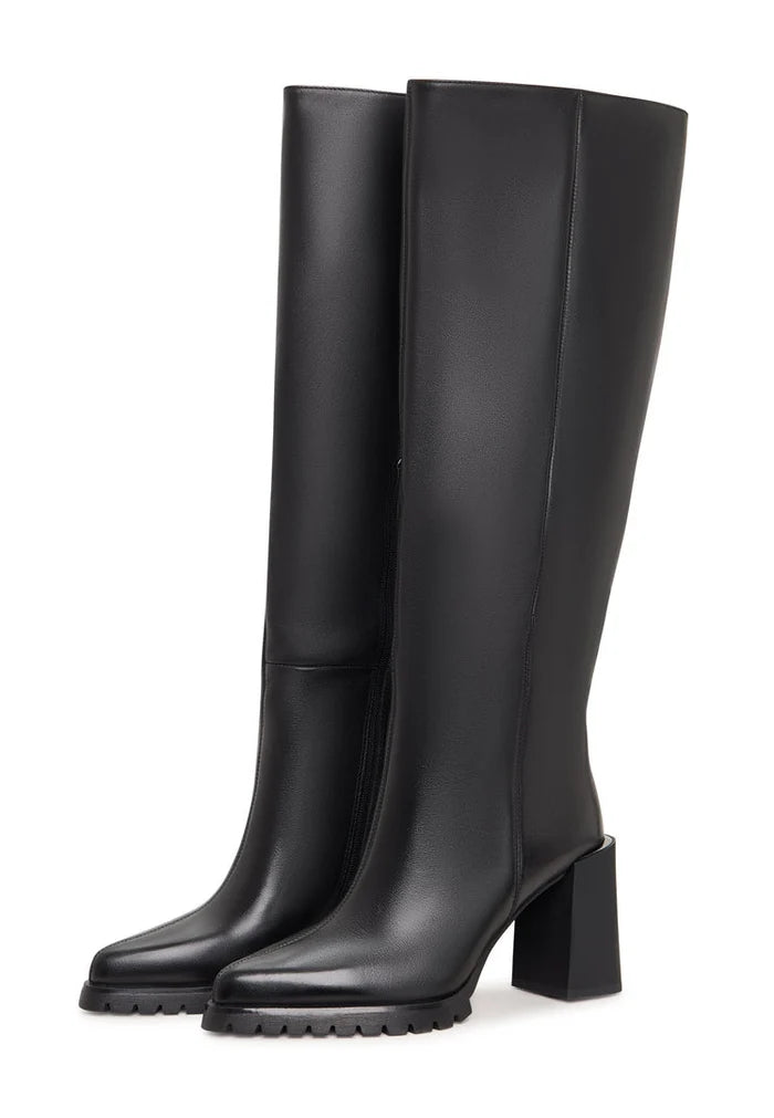 A stylish pair of women's knee-high block heel boots in a bold black color, perfect for a fashionable look.