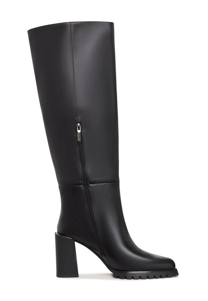 A stylish pair of women's knee-high black boots with a fashionable block heel design.