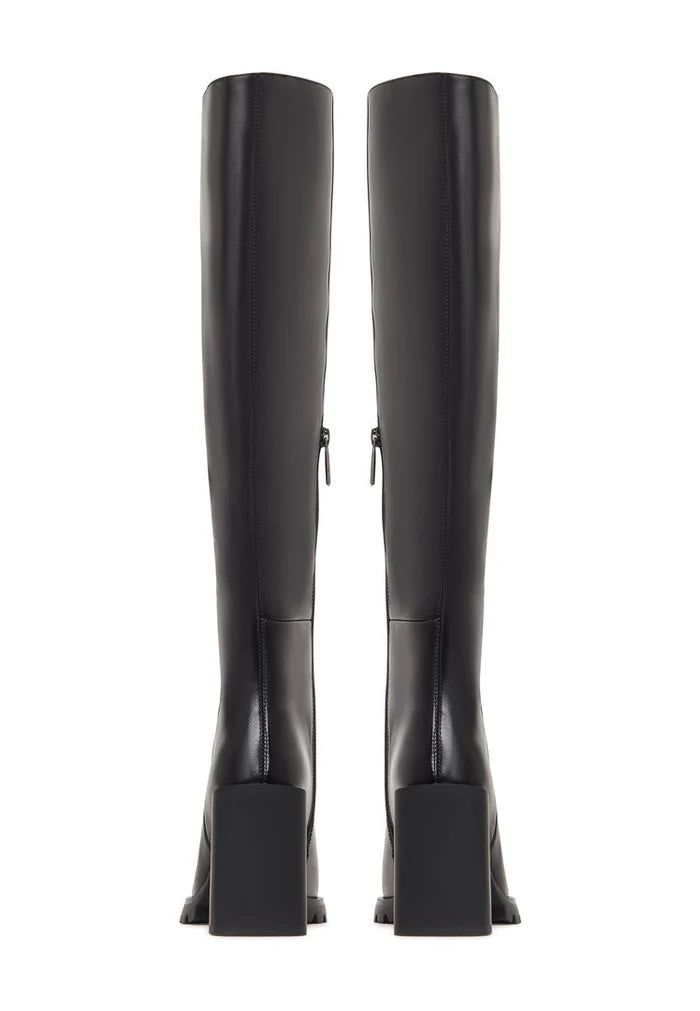 A fashionable pair of women's knee-high black boots with a trendy block heel design.