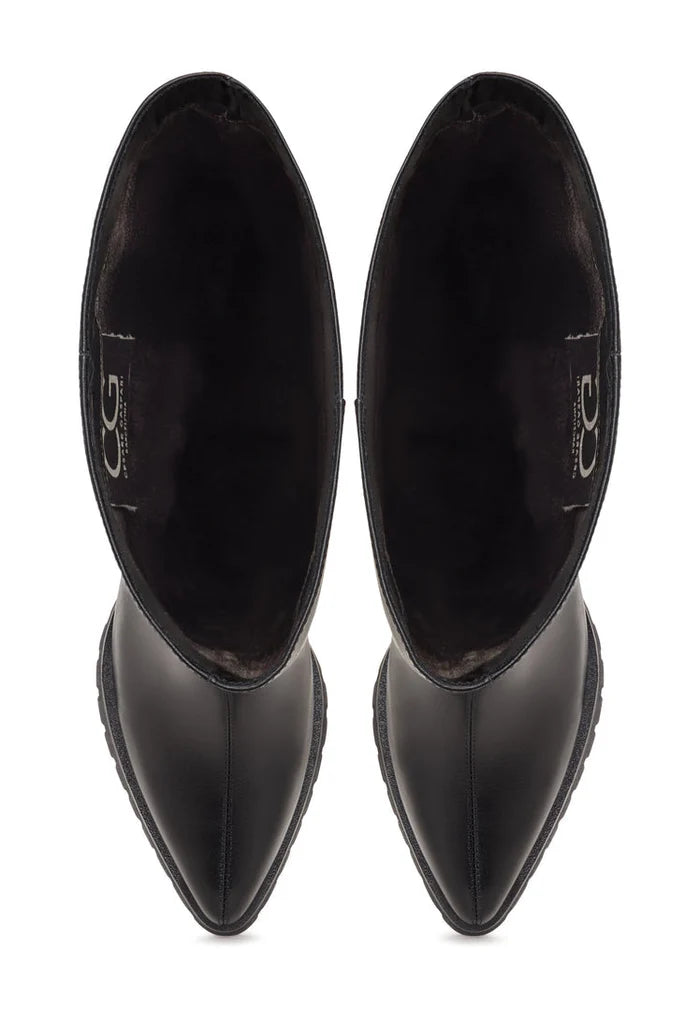 A stylish pair of knee-high block heel boots in bold black, perfect for the fashion-forward woman.
