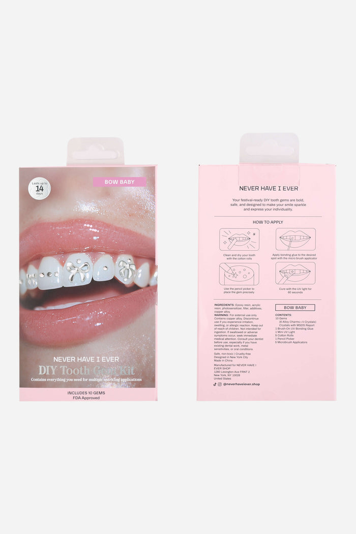 Bow Baby DIY Tooth Gem Kit with 10 gems, bow shapes, crystals, glue, and UV light.