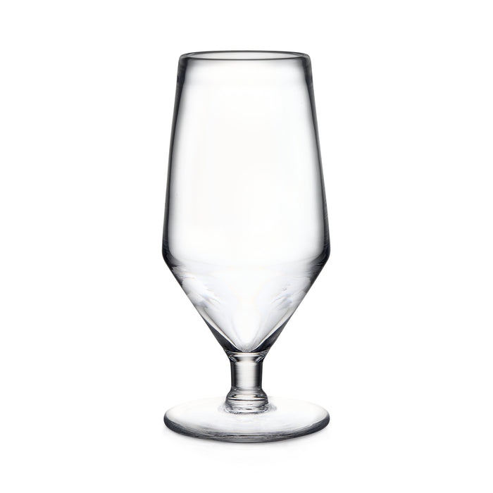 Clear glass beer glass with tapered bowl, narrow stem, and circular base.