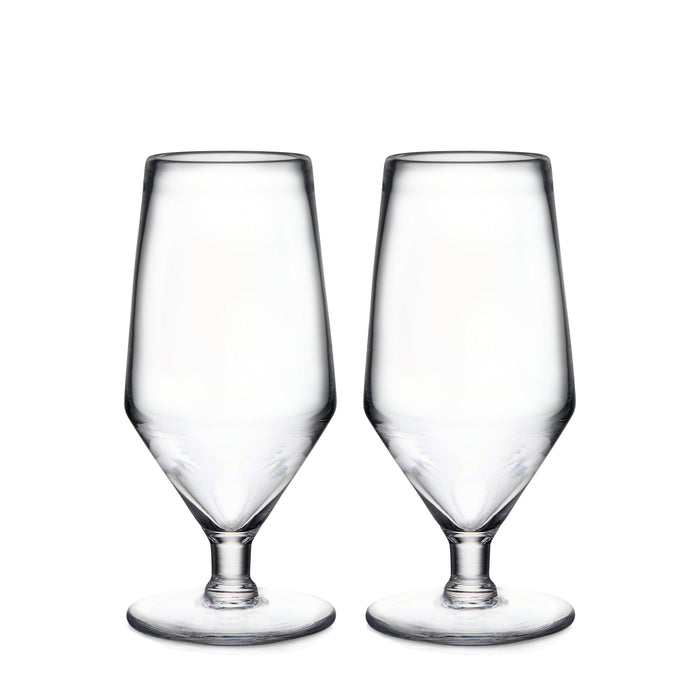 Two clear glass beer glasses with tapered sides and pedestal bases.