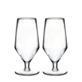 Two clear glass beer glasses with tapered sides and pedestal bases.