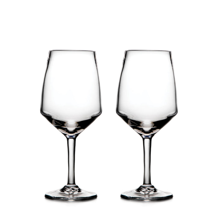 Two clear wine glasses with tapered bowls and stems on a white background.