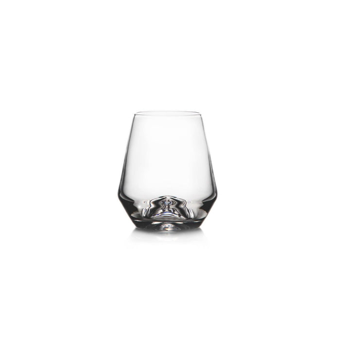 Clear glass stemless wine glass with tapered sides and textured base.