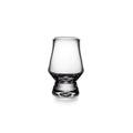 Clear glass tasting glass with tapered bowl and bulbous base on white background.