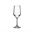Empty clear wine glass with tapered bowl and thin stem on white background.