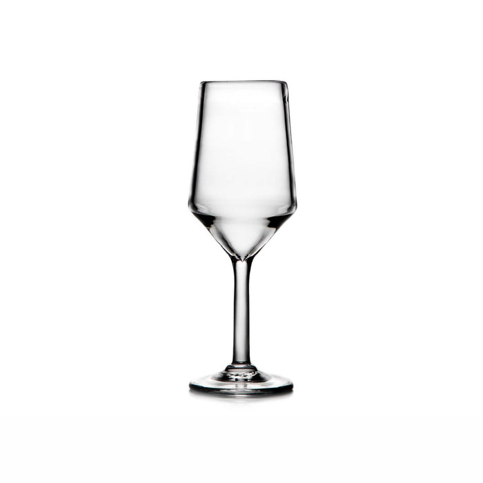 Empty clear wine glass with tapered bowl and thin stem on white background.