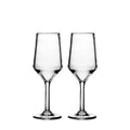 Two clear wine glasses with tapered bowls and stems on a white background.