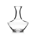Clear glass wine decanter with curved hourglass neck and wide base bowl with stopper.