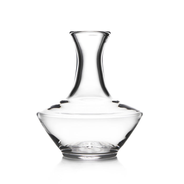 Clear glass wine decanter with curved body, wide base bowl, and tapered neck with stopper.