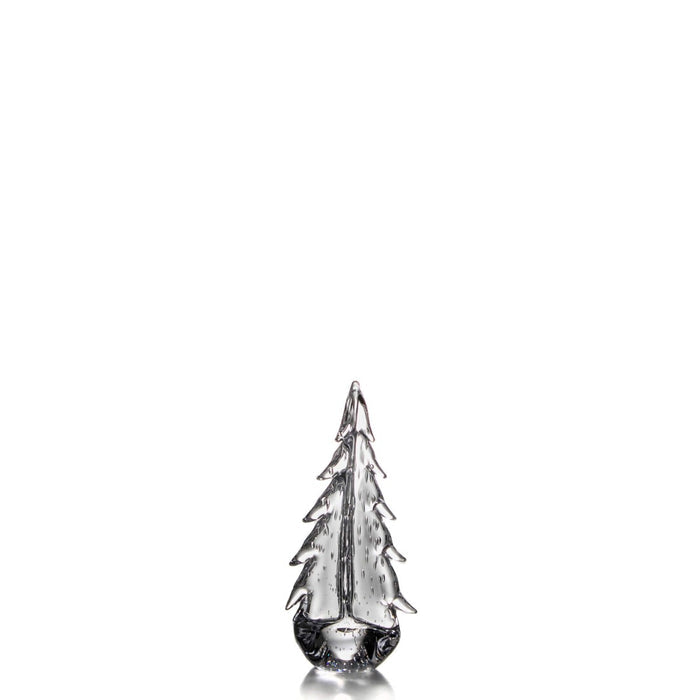 Clear glass evergreen tree figurine with textured branches and rounded base.