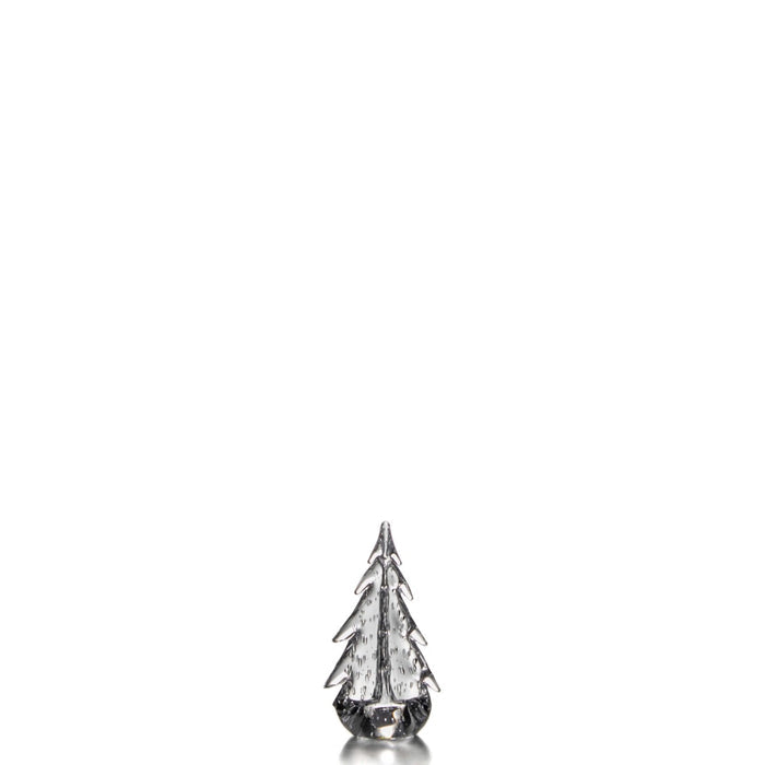 Small decorative evergreen tree with textured silver-gray finish and dark base.