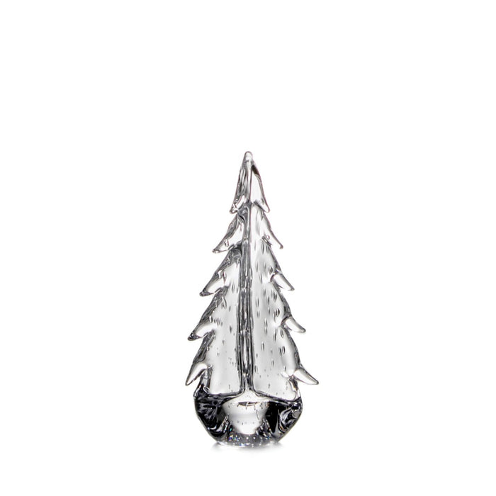 Clear glass evergreen tree decoration with textured branches and rounded base.