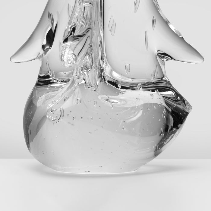 Clear glass sculptural vase with organic bubble-like form and textured surface details.
