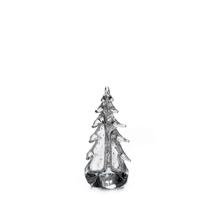 Clear glass evergreen tree figurine with bubble-textured surface and pointed top.