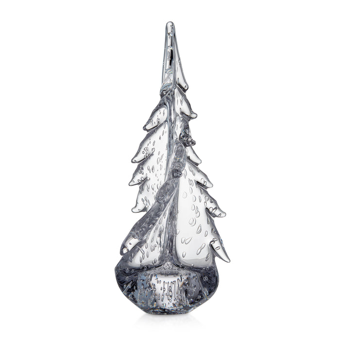 Clear glass decorative evergreen tree with twisted spiral design and dark base.