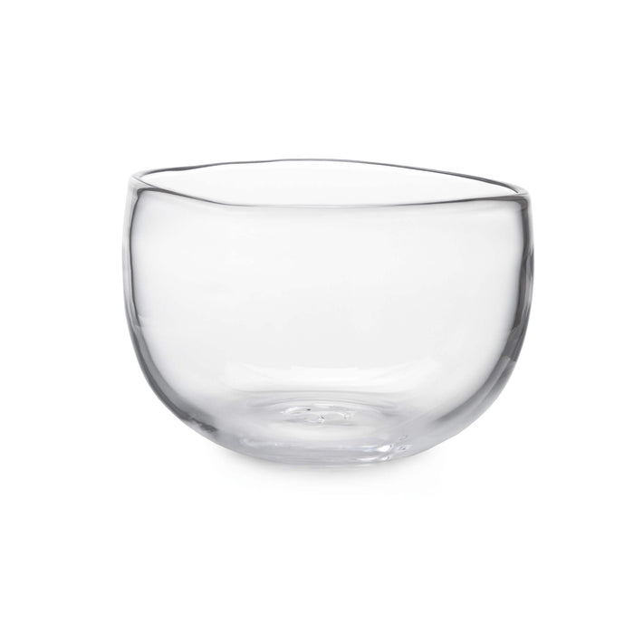 Clear glass bowl with curved sides and rounded bottom.