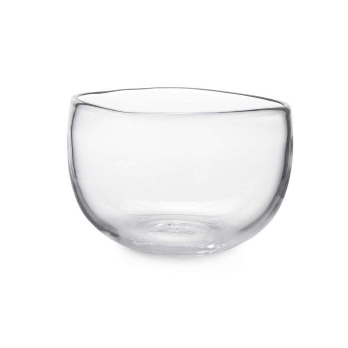 Clear glass bowl with curved sides and rounded rim.