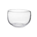 Clear glass bowl with curved sides and rounded rim.