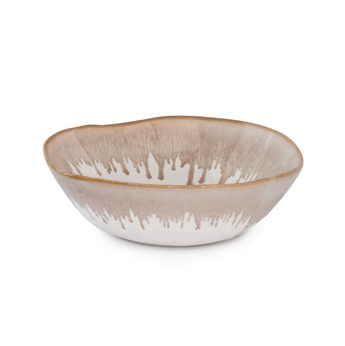 Ceramic cereal bowl with cream and taupe brushstroke pattern and tan rim.