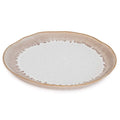 Ceramic dinner plate with white center and textured tan rim with brushstroke detail.