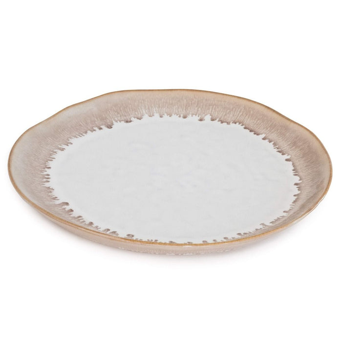 Ceramic dinner plate with white center and textured tan rim with brushstroke detail.