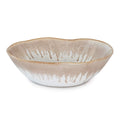 Ceramic pasta bowl with white base and tan brushstroke pattern around the interior and rim.