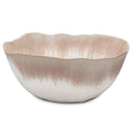White ceramic serving bowl with wavy rim, brushstroke pattern in tan, and gold trim.
