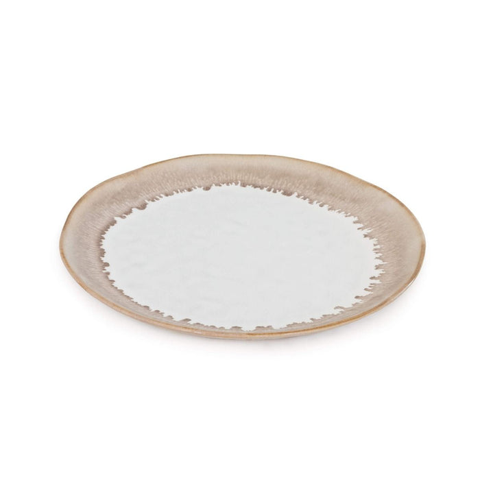 Beige ceramic side plate with white center and textured rim edge.