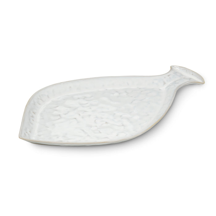 White ceramic fish-shaped platter with textured surface and raised tail handle.