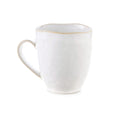 White ceramic mug with a curved rim, gold trim, and handle.
