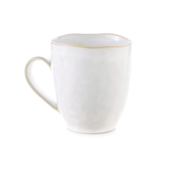 White ceramic mug with a curved rim, gold trim, and handle.