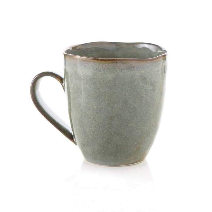Moss green ceramic mug with curved handle and textured glaze finish.