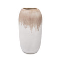 Ceramic vase with tapered cylindrical shape, cream base with tan drip glaze effect on upper portion.
