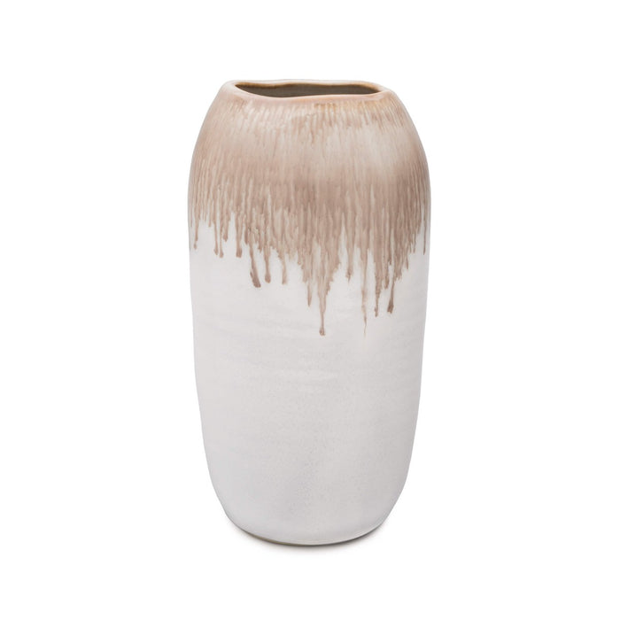Ceramic vase with tapered cylindrical shape, cream base with tan drip glaze effect on upper portion.