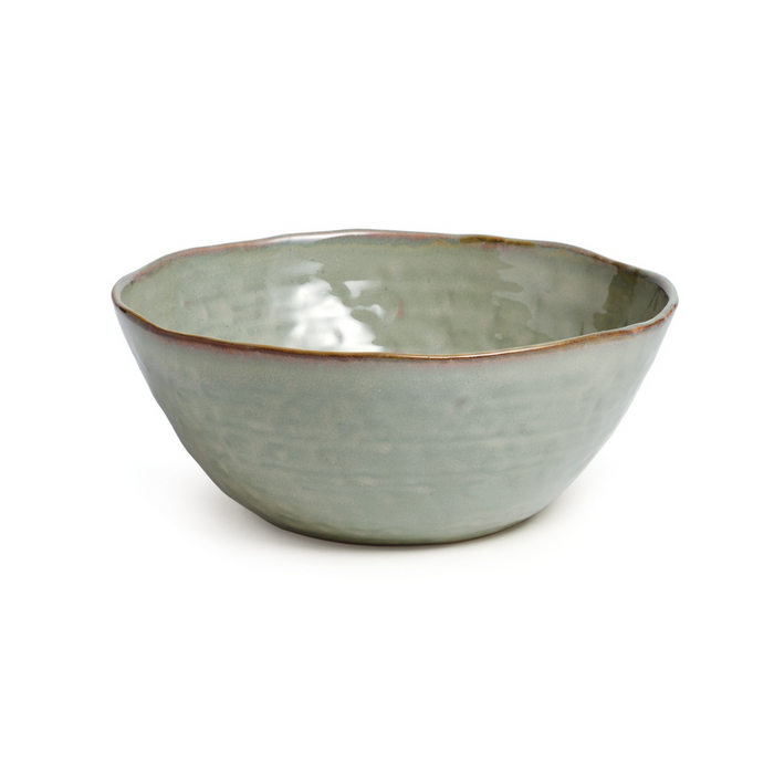 Moss green ceramic serving bowl with rustic rim and glazed finish.