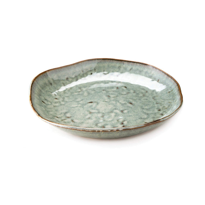 Ceramic side plate with moss green glaze, speckled texture, and brown rim.