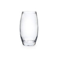 Clear glass vase with tapered cylindrical shape and rounded rim.