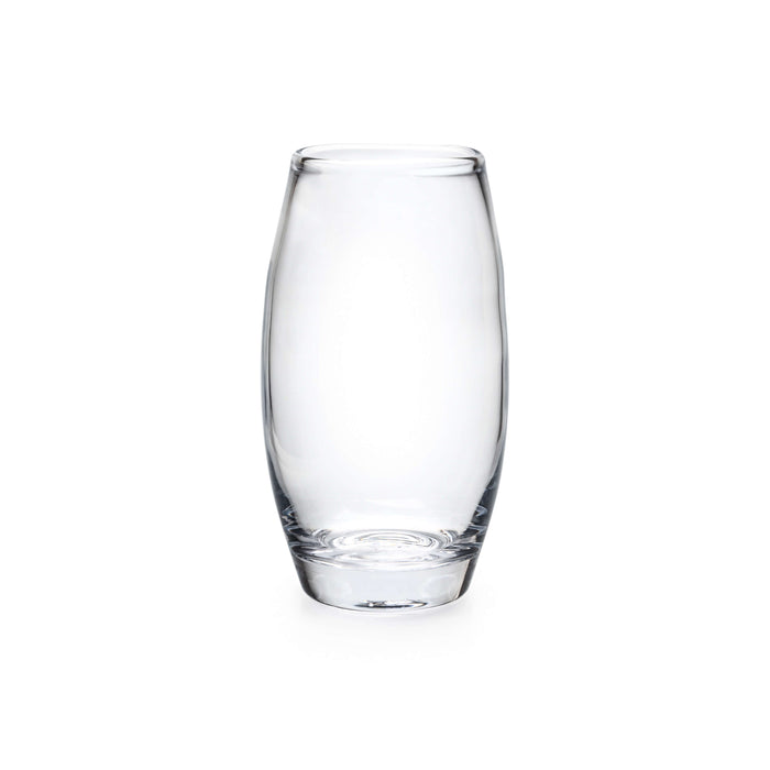 Clear glass vase with tapered cylindrical shape and rounded rim.