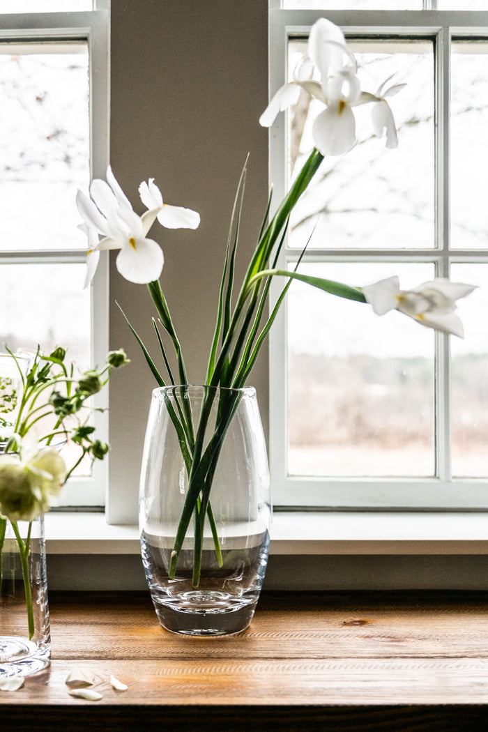 Clear glass vase with white iris flowers and green stems in water on a windowsill.