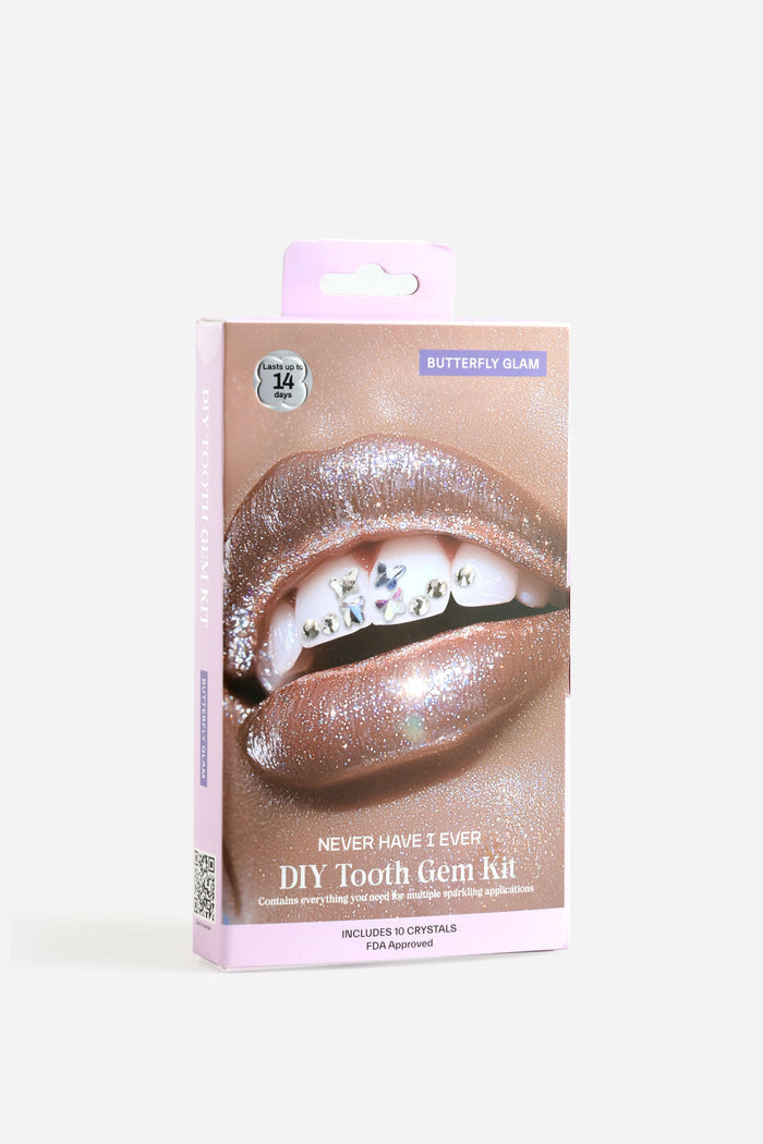 Butterfly Glam DIY Tooth Gem Kit box featuring a close-up of sparkling lips with applied tooth gems.
