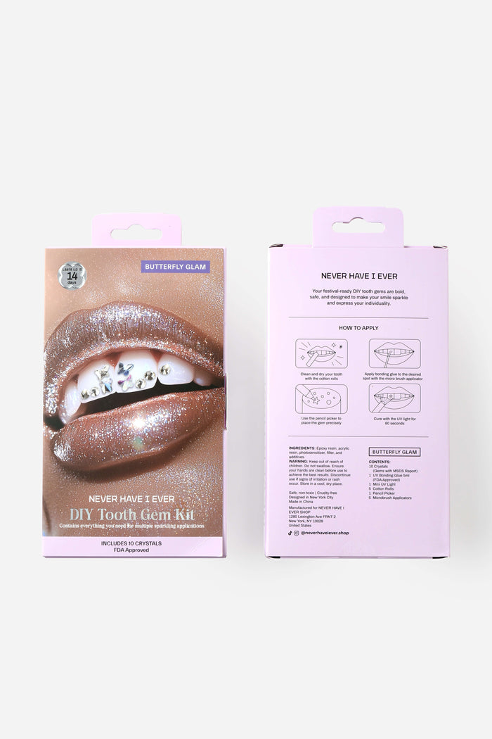 Butterfly Glam DIY Tooth Gem Kit packaging featuring a close-up of lips with sparkling tooth gems and butterflies.