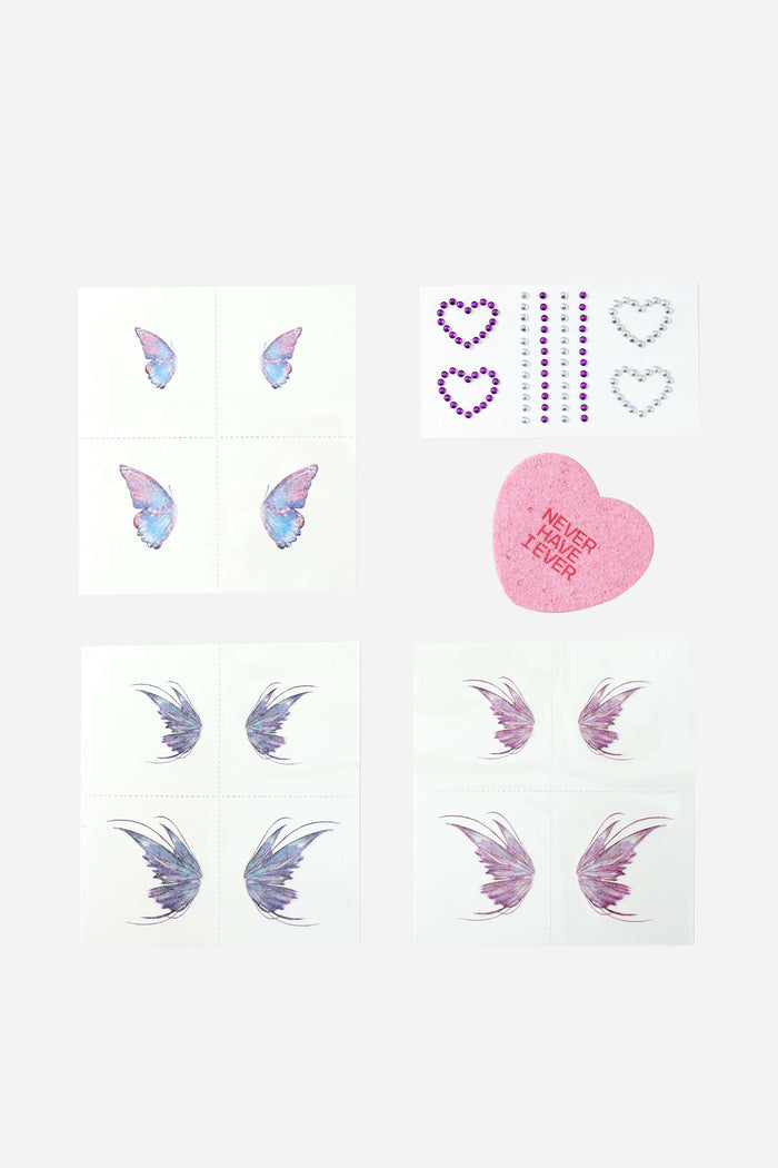 Sheet of butterfly wing temporary tattoos in purple and blue hues, with accompanying heart-shaped and lined gem stickers.